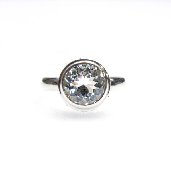 SS Round Blue Topaz Swirling Scrollwork Ring (Size 8)