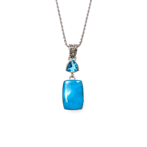 SS Blue Topaz Trillion and Rectangle Turquoise Scroll Pendant/Necklace