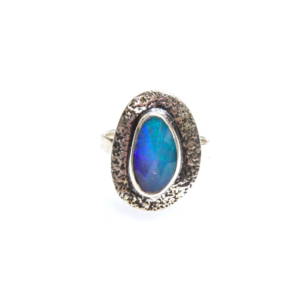SS Faceted Opal Hammered Ring Size 7