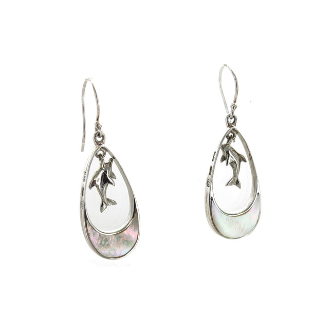 SS Abalone/Mother of Pearl Dolphin Leaping Pear Dangle Earrings