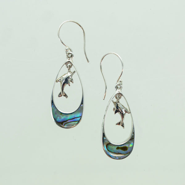 SS Abalone/Mother of Pearl Dolphin Leaping Pear Dangle Earrings