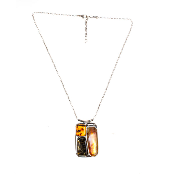 SS Multicolored Amber Mod Rectangle Necklace