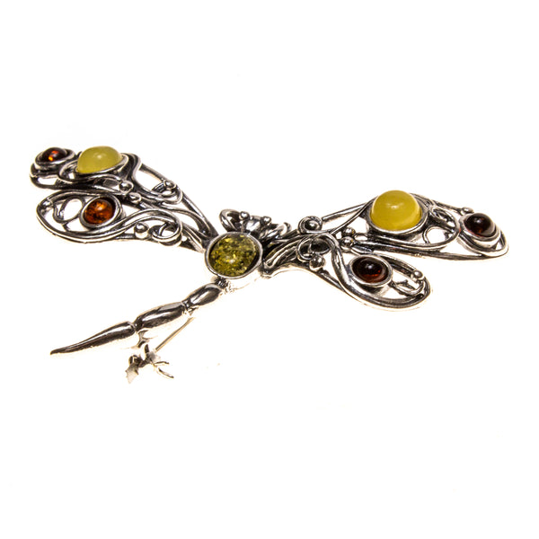 SS Multicolored Amber Filigree Dragonfly Pin