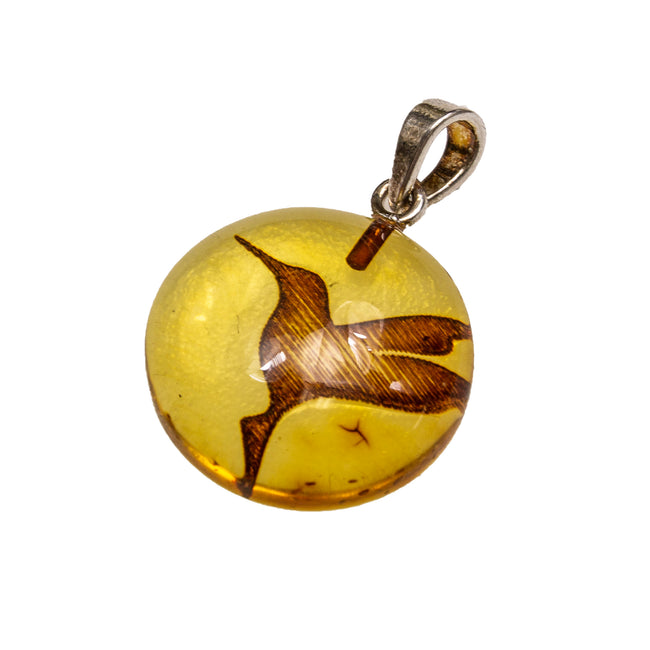 SS Etched Amber Hummingbird Cabochon Pendant