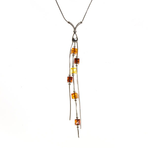 SS Multicolored Amber Cube Drop Necklace
