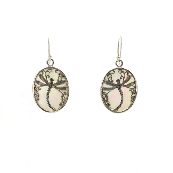 SS Mother of Pearl Oval Dragonfly Dangle Earrings