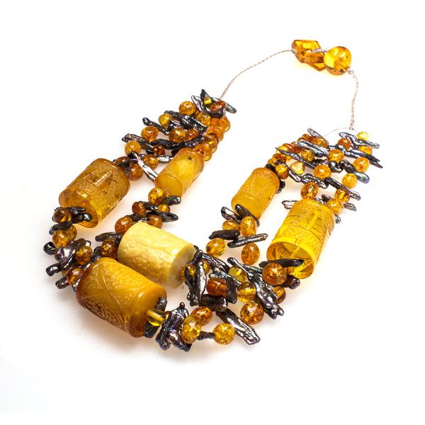 Carved Amber Barrel and Biwa Stick Pearl Necklace