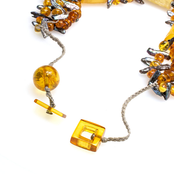 Carved Amber Barrel and Biwa Stick Pearl Necklace