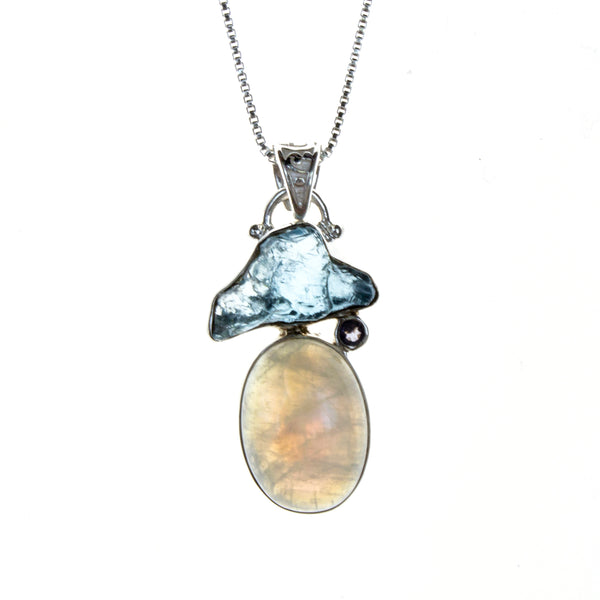 Sterling Silver Rainbow Moonstone Blue Topaz Pendant