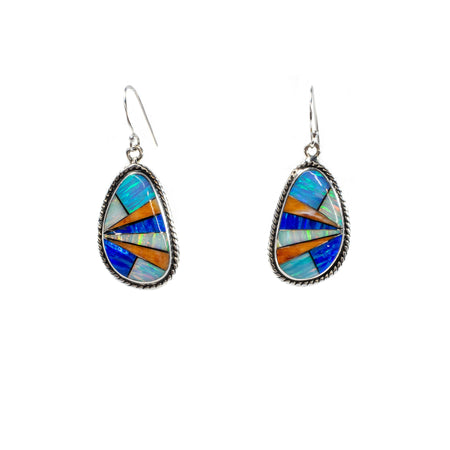 Sterling Silver Feather with Stone Inlay Earrings