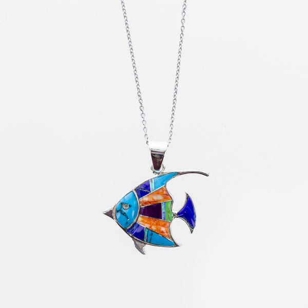SS Created Opal Multicolored Fish Inlay Pendant and Chain