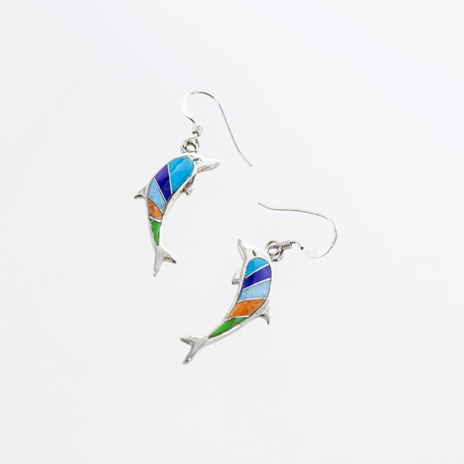 SS Created Opal Dolphin Dangle Earrings