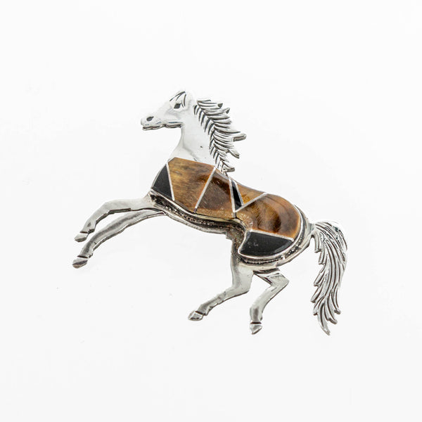 SS Tiger Eye and Onyx Handmade Horse Pin