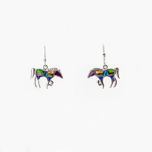 SS Multicolored Horse Inlay Dangle Earrings