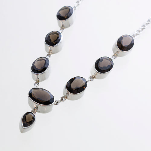 SS Smokey Quartz Faceted Oval Necklace