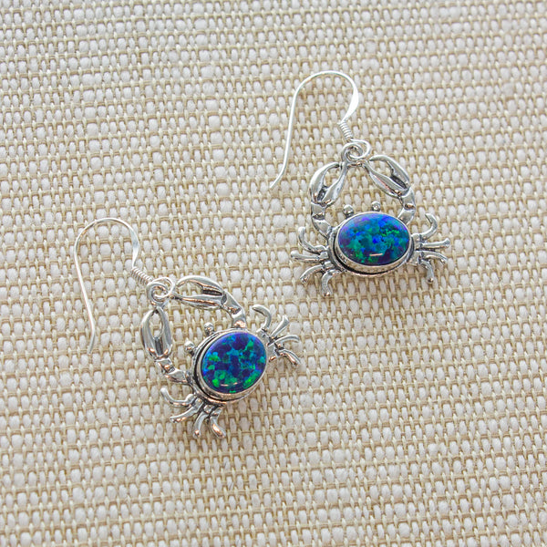 SS Dark Blue Created Opal Crab Dangle Earrings