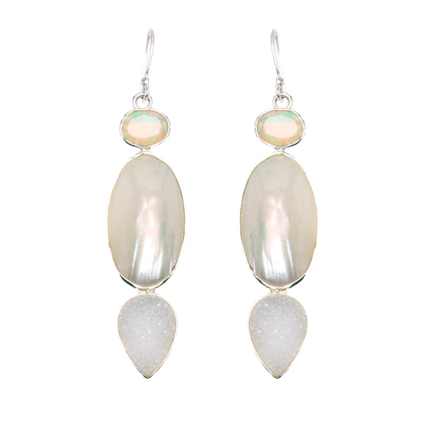 Sterling Silver Druzy Quartz Ethiopian Opal Mabe Pearl Necklace & Earrings Set