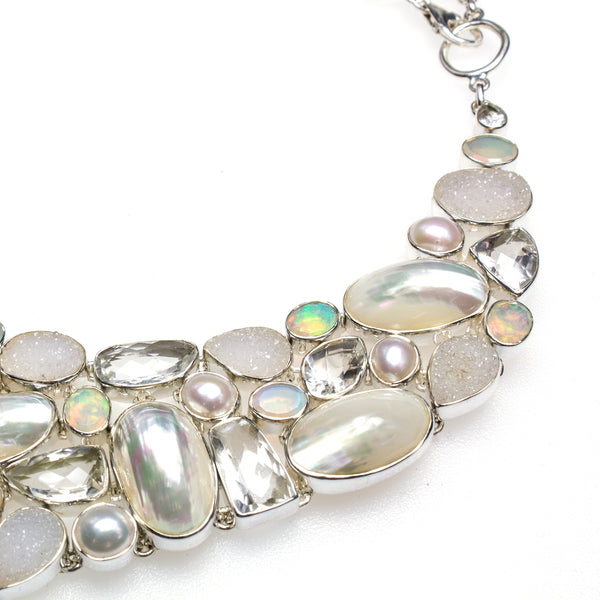 Sterling Silver Druzy Quartz Ethiopian Opal Mabe Pearl Necklace & Earrings Set