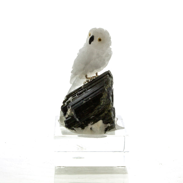 Carved White Quartz Snowy Owl on Black Tourmaline Sculpture