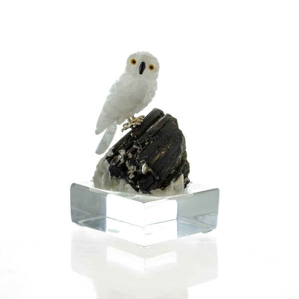 Carved White Quartz Snowy Owl on Black Tourmaline Sculpture