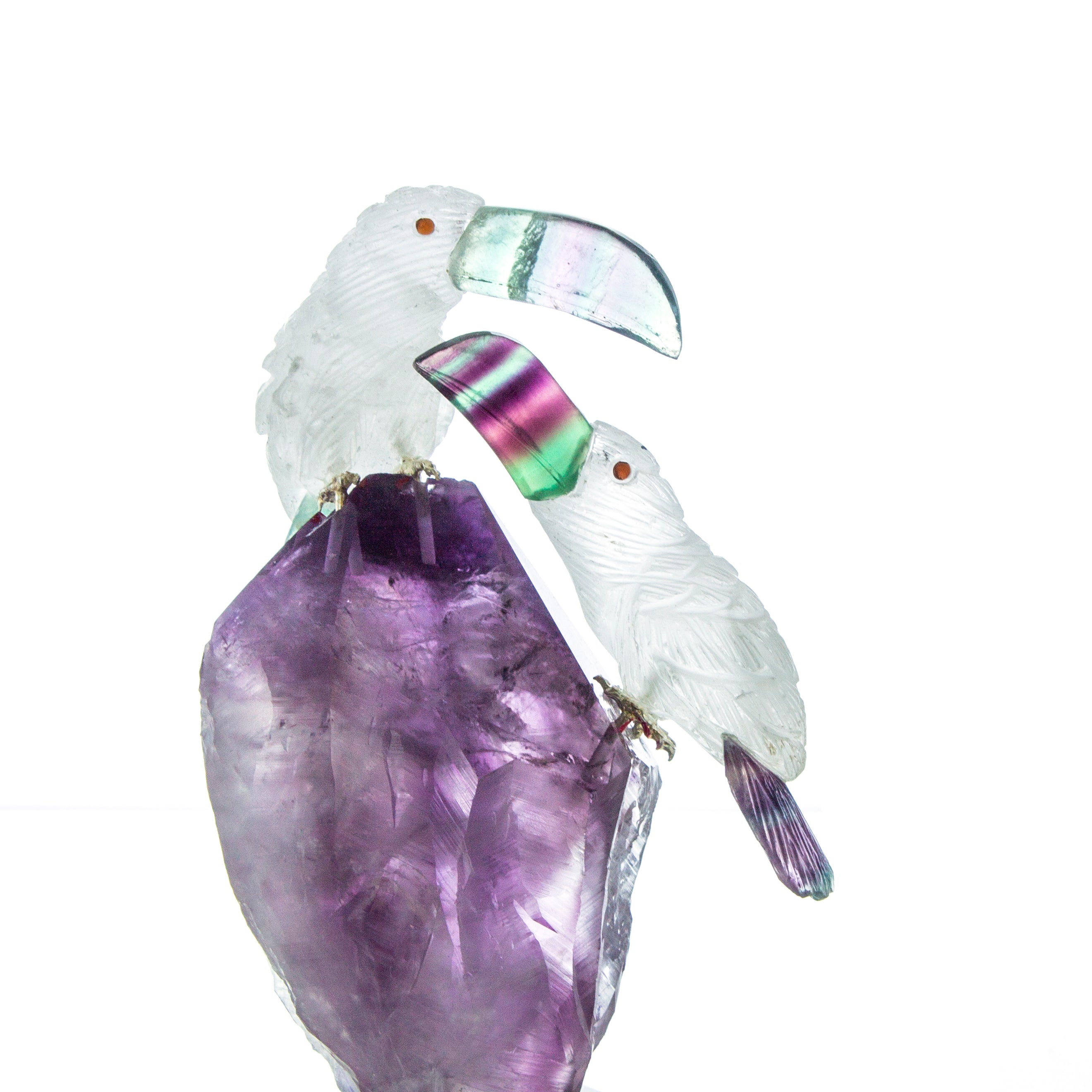 Carved Amethyst, Crystal, & Fluorite Toucans Sculpture – Fire & Ice